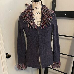 Free People Y2K Purple Wool Blend Multicolor Yarn Fringe Cardigan Sweater Boho